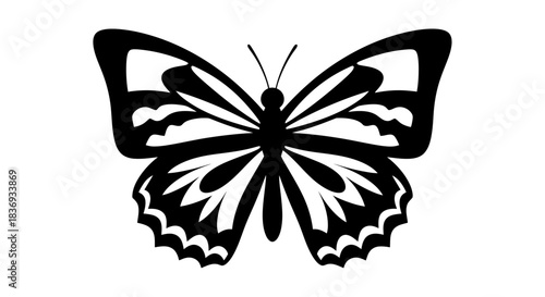 Stunning black butterfly silhouette with detailed wings on white background