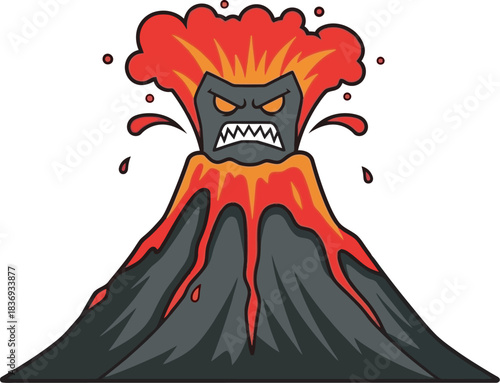 Furious cartoon volcano erupting with lava and smoke, expressing anger