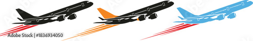 Set of commercial airplane flight silhouettes with speed trails, symbolizing air travel, aviation, international transport, cargo delivery, and rapid business takeoff vector illustration