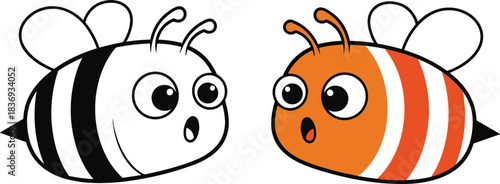 Cute cartoon bee mascot icon set (color and black outline) with a surprised expression, symbolizing honey, nature, insects, pollination, and brand identity graphics