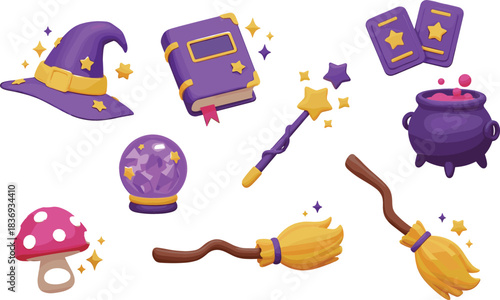 Set of flat vector illustrations depicting various magic and witchcraft items like a witch's hat, spellbook, crystal ball, wand, and cauldron, symbolizing fantasy, spellcasting, and Halloween fun