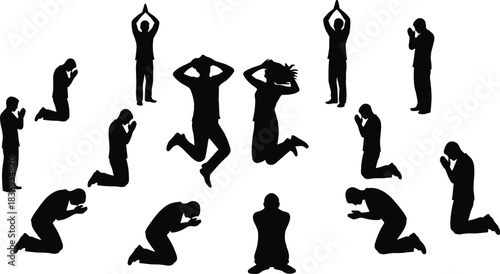 Diverse Group of People Silhouettes Vector, Men and Women Jumping with Joy, Kneeling in Prayer, and Worship Postures Black Outlines on White Background
