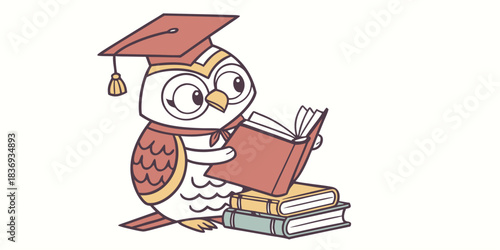 Adorable cartoon owl wearing graduation cap studies diligently with a stack of textbooks for academic success themes