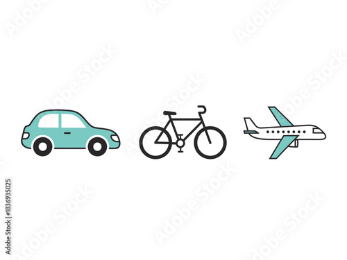 Transportation Trio Car, Bike, and Airplane Illustration for Diverse Travel Needs