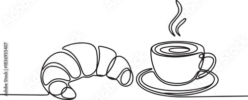 Croissant and coffee drawn in one line style.one line  vector illustration  with out background