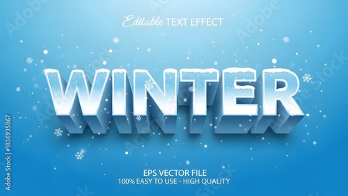 3d winter text effect with snow and ice decoration on blue gradient background, editable vector graphic design element for holiday season