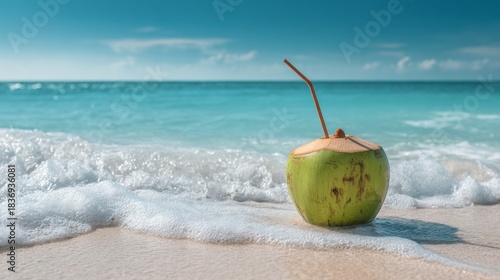 Fototapeta Naklejka Na Ścianę i Meble -  Fresh green coconut with straw on sandy beach by turquoise tropical sea waves