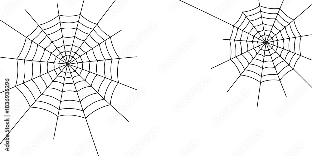 Obraz premium Two black and white spider webs, simple line art illustration, isolated on white background
