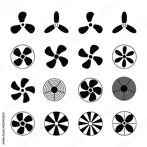 Set of Electric Fan and Propeller Icons, Black and White Propeller Icons, Ventilation and Air Circulation Symbols, Collection of Various Fan Blade Designs