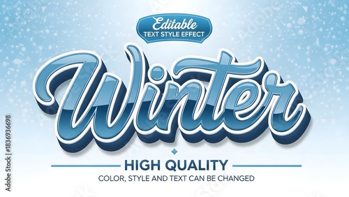 Editable 3d text style effect for the word winter with blue glossy look and snow background, high quality graphic design element