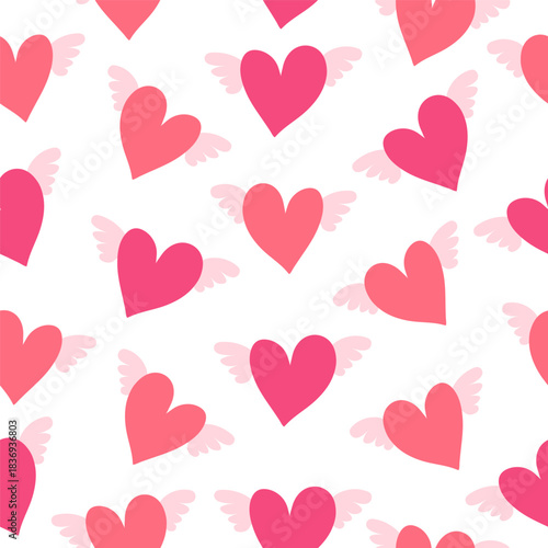 Seamless heart pattern for Valentines Day. Cute hearts with wings
