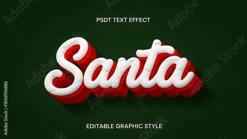 Editable photoshop text effect style featuring the word santa in bold red and fluffy white font against a dark green background for holiday design