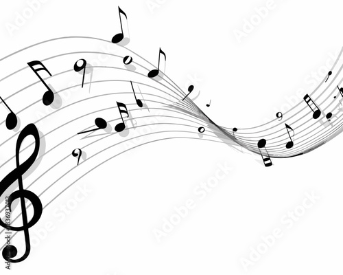 A swirling design of musical notes and a treble clef on white