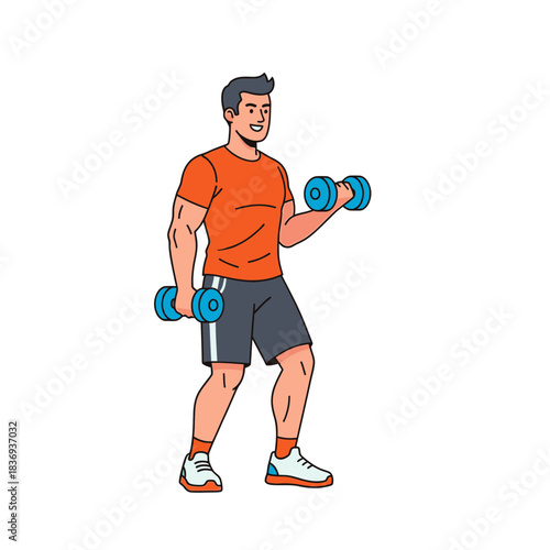 Muscular man performing bicep curls with dumbbells during an energetic workout session