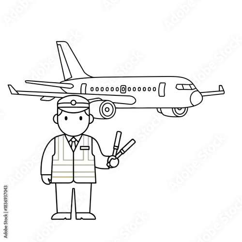 Sleek jet airplane illustration with boarding stairs and runway markings, isolated on transparent background.