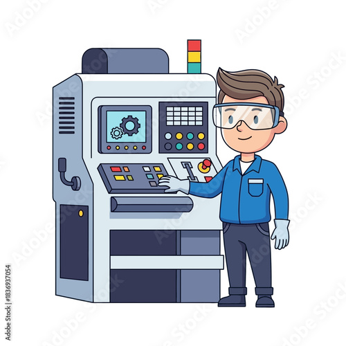 Skilled engineer operating advanced machinery with safety gear in a factory setting, representing industrial control and precision manufacturing.