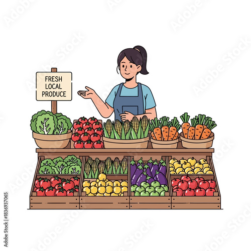 Smiling female farmer selling fresh local produce at a vibrant market stall filled with assorted vegetables and fruits