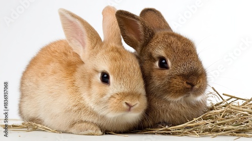Two adorable baby rabbits snuggled together on hay. studio