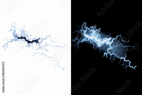 Dramatic lightning strikes illustrated in contrasting white and black backgrounds