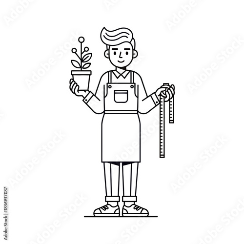 Stylized Gardener Holding a Potted Plant and Gardening Tools