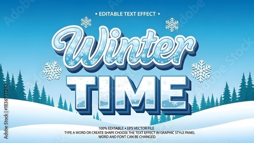 Editable text effect for winter time with icy blue font style, snowflakes, and snowy landscape background illustration