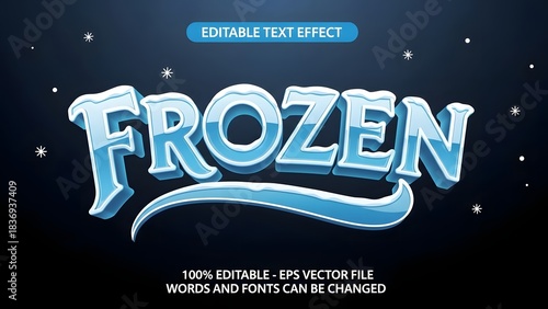 Editable text effect design featuring the word frozen in a frosty, icy blue 3d style with snow and star particle background for winter holiday or fantasy theme
