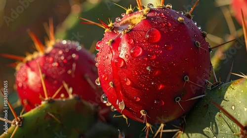 Close-up of Red Cactus Fruit with Water Droplets