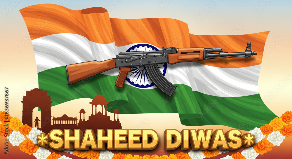Obraz premium A patriotic illustration commemorating Shaheed Diwas, India's Martyrs' Day. This tribute design features the national flag, a rifle, and floral homage ... See More