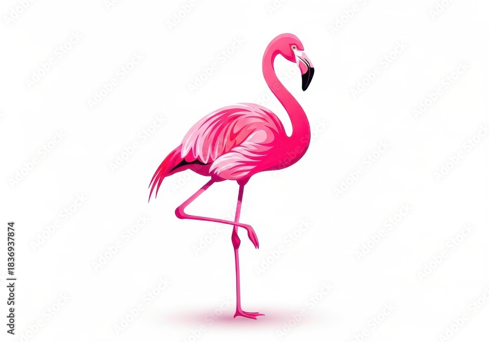 Obraz premium Vivid illustration depicts a wading bird with bright pink plumage standing on one leg