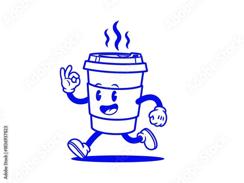 Cheerful cartoon coffee cup character jogging happily while giving an excellent okay hand gesture
