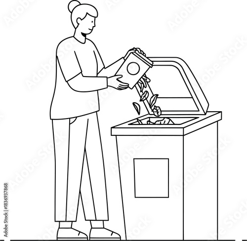 Woman composting food waste in recycling bin