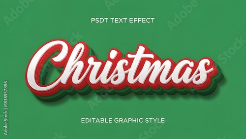 Editable psd text effect featuring the word christmas in a stylized white and red script font against a solid green background for holiday graphic design