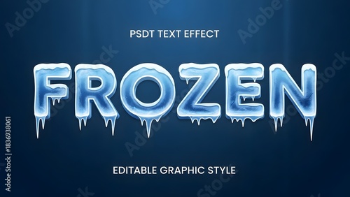 Editable graphic style text effect for the word frozen with ice and frost texture on a dark blue background, psdt text effect