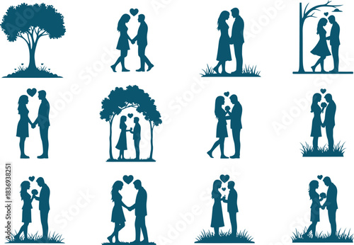 Silhouette collection of couples embracing and walking together in various settings