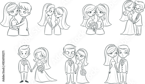 Collection of hand drawn sketch style figures function embracing in various poses