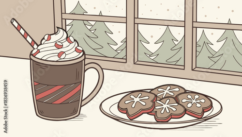 A festive holiday scene with hot chocolate and heart shaped cookies on a plate beside a snowy window