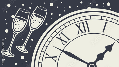 New Year's Eve celebration with champagne glasses and clock striking midnight on a dark background with snowflakes