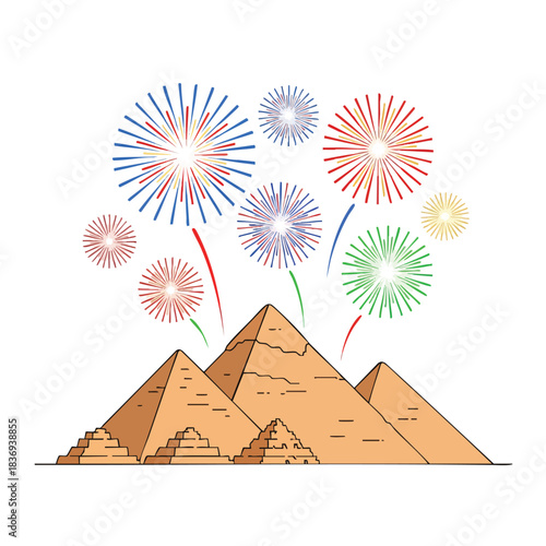 The Great Pyramids glowing under colorful New Year fireworks