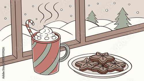 A steaming mug of hot chocolate with whipped cream and a candy cane sits on a table next to a plate of star shaped cookies by a snowy window.