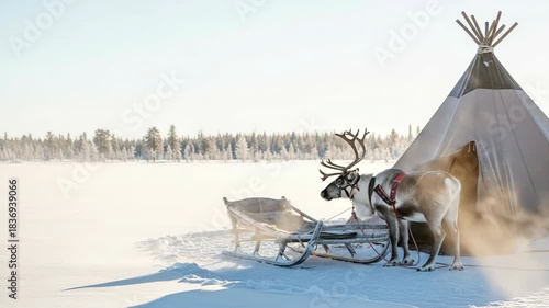 Idyllic arctic scene with reindeer pulling sleigh past snowy teepee in winter wonderland