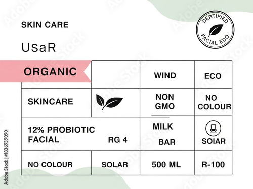 Stunning certified organic skincare label design highlighting eco friendly non GMO facial product benefits