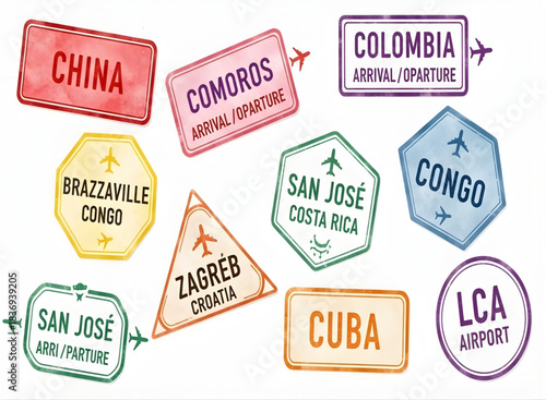 Passport stamp with various country arrivals and departures