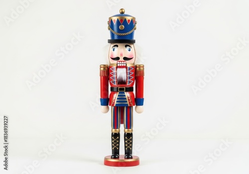 Traditional wooden figurine soldier stands vertically against a bright white background