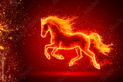 Year of the Fire Horse wallpaper. A fiery horse and golden bokeh on a red background.