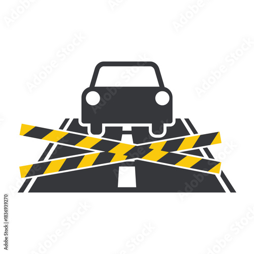 Isolated pictogram of a road with red traffic cone, symbolizing road closure, street block, detour direction, construction warning, and transportation safety signage