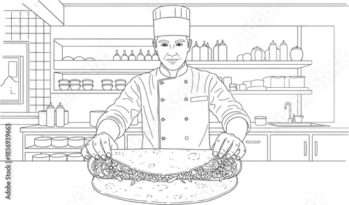 Chef preparing a large sandwich in a kitchen