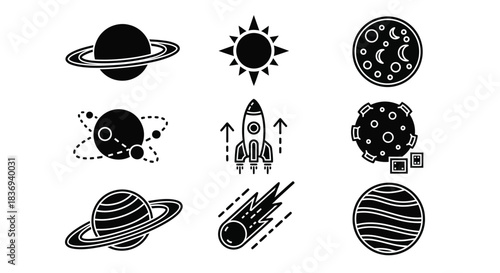 Space icons set with planets and rocket