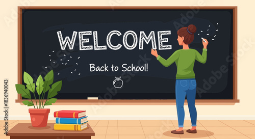 A teacher writing welcome back to school on a chalkboard in a classroom setting