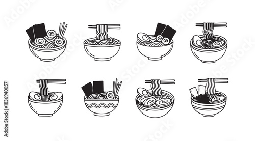 Set of eight bowls of delicious ramen noodles with chopsticks and toppings line art vector