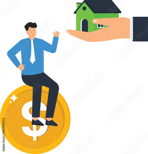 Businessman buying house real estate investment property purchase with savings mortgage loan financial success home ownership dollar coin wealth management